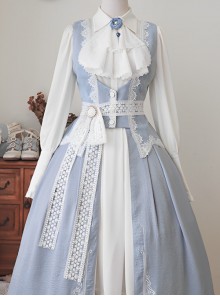 Miss Leisha Series Vintage Haze Blue Elegant White Lace Pearl Belt Slim Waist Suede Classic Lolita Vest