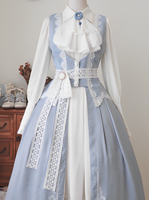 Miss Leisha Series Vintage Haze Blue Elegant White Lace Pearl Belt Slim Waist Suede Classic Lolita Vest