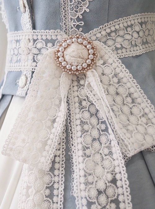 Miss Leisha Series Vintage Haze Blue Elegant White Lace Pearl Belt Slim Waist Suede Classic Lolita Vest
