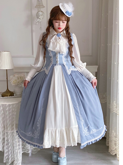 Miss Leisha Series Blue White Fluffy Beautiful Flounce Lace Gorgeous Embroidery Velvet Satin Classic Lolita Long Skirt