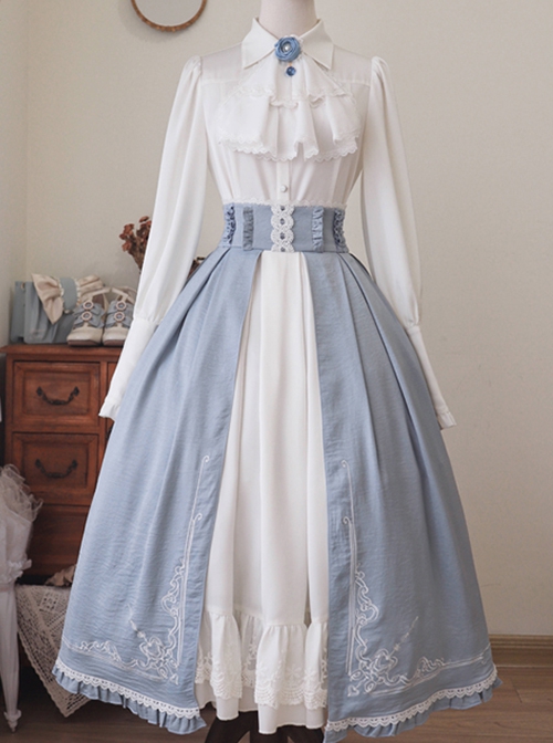 Miss Leisha Series Blue White Fluffy Beautiful Flounce Lace Gorgeous Embroidery Velvet Satin Classic Lolita Long Skirt