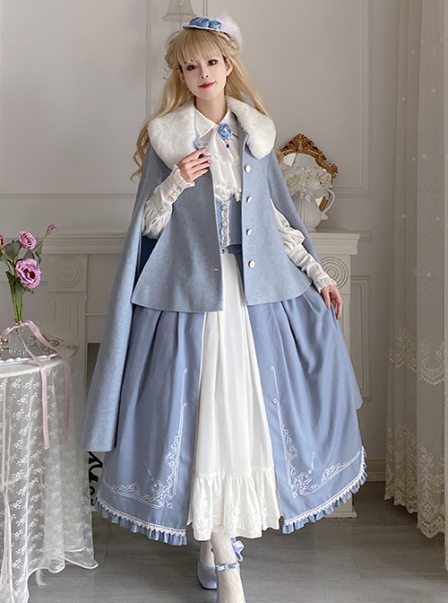 Miss Leisha Series Elegant Retro Haze Blue With White Fur Collar Autumn Winter Warm Classic Lolita Cloak