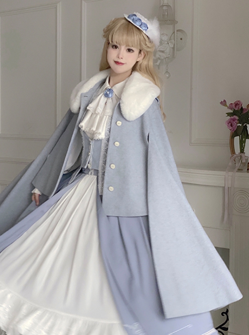 Miss Leisha Series Elegant Retro Haze Blue With White Fur Collar Autumn Winter Warm Classic Lolita Cloak