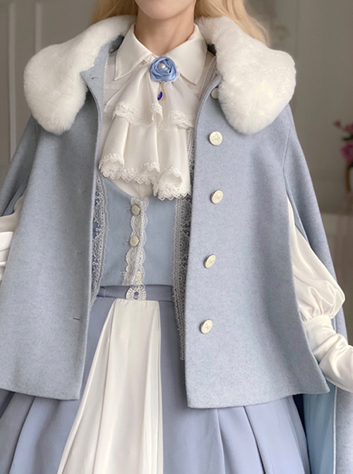 Miss Leisha Series Elegant Retro Haze Blue With White Fur Collar Autumn Winter Warm Classic Lolita Cloak