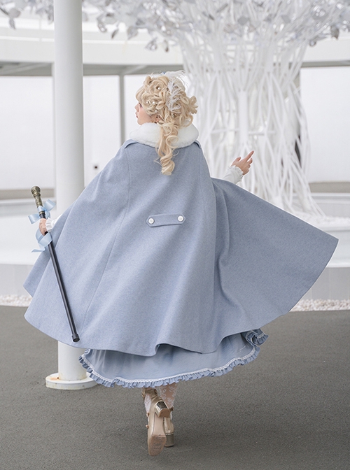 Miss Leisha Series Elegant Retro Haze Blue With White Fur Collar Autumn Winter Warm Classic Lolita Cloak