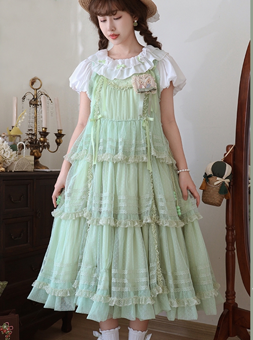 Forest Secret Series Summer Layers Gorgeous Fluffy Gauze Binding Band Bowknot Graceful Classic Lolita Sleeveless Long Dress JSK