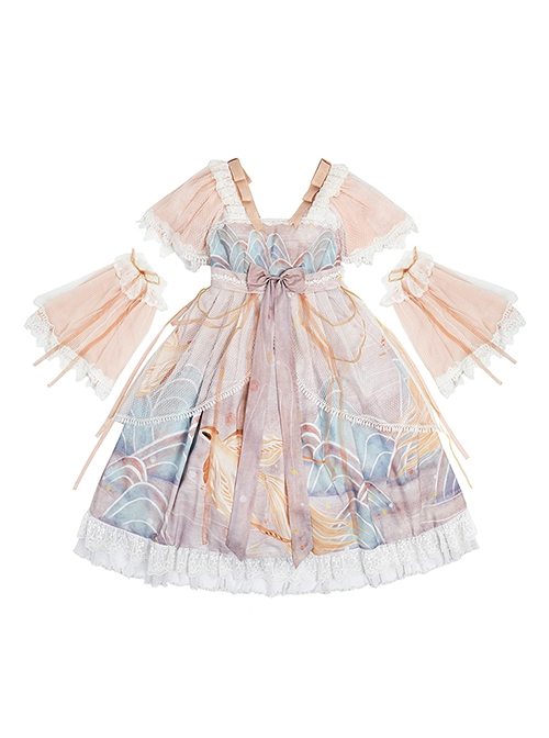 Golden Crow Starry Sky Autumn Water Series Chinese Style Light Pink Fairy White Lace Classic Lolita Separated Sleeves Dress JSK