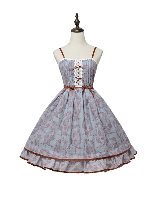 Eileen Series Daily Basics Printed Ribbon Bowknot Belt Beautiful Flounce Classic Lolita Sleeveless Dress