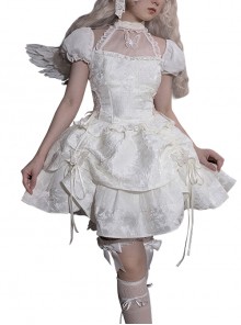 Butterfly Bone Series Pure White Dark Pattern Jacquard Texture Ruffles Embroidered Butterfly Lace Classic Lolita Puff Sleeves Dress OP