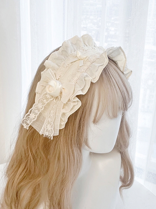 Morning Mist Garden Series White Gorgeous Princess Ruffle Tiered Lace Bowknot Roses Classic Lolita Headband KC