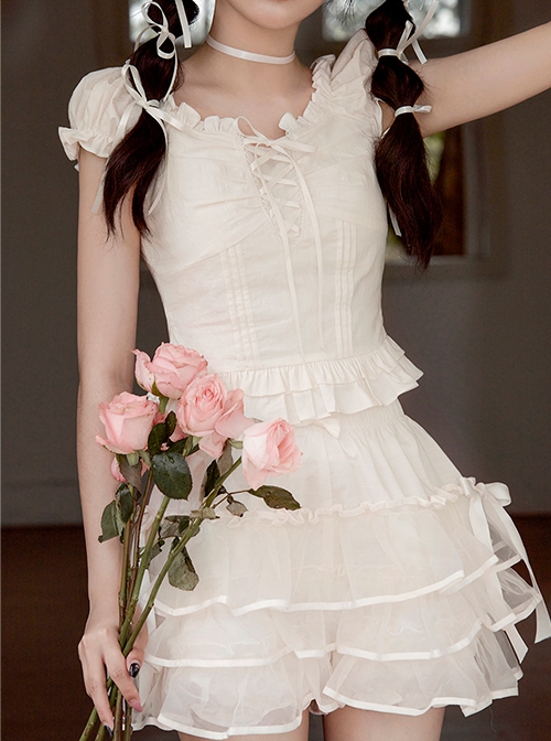 Rabbit Series White Pure Desire Girl Slim Fit  Auricularia Pleated Trim Binding Band Bowknot Sweet Lolita Short Sleeve Shirt