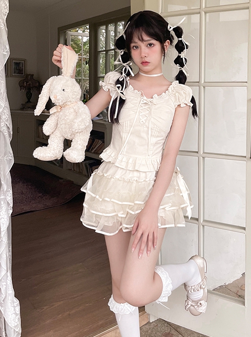 Rabbit Series White Pure Desire Girl Slim Fit  Auricularia Pleated Trim Binding Band Bowknot Sweet Lolita Short Sleeve Shirt