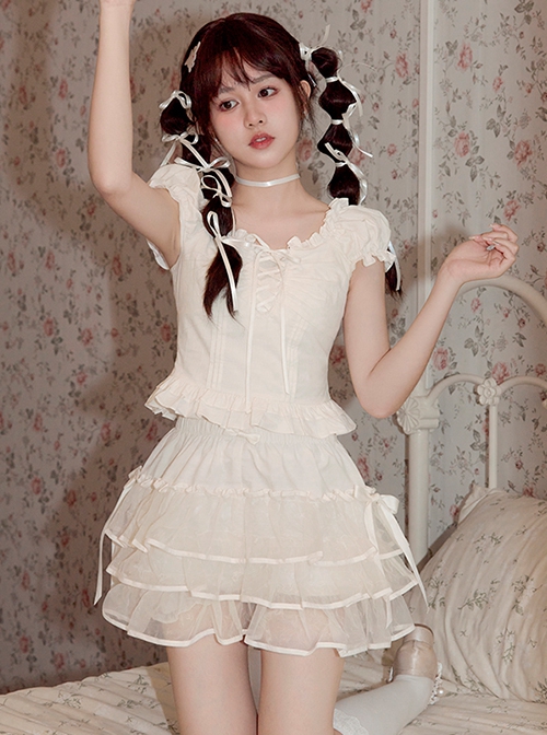 Rabbit Series White Pure Desire Girl Slim Fit  Auricularia Pleated Trim Binding Band Bowknot Sweet Lolita Short Sleeve Shirt