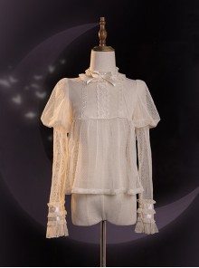 Concerto Series Vintage Elegant Light Thin Lace Neckline Binding Band Bowknot Puff Sleeves Classic Lolita Long Sleeve Shirt