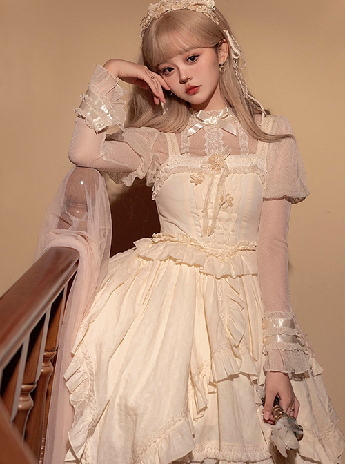 Concerto Series Vintage Elegant Light Thin Lace Neckline Binding Band Bowknot Puff Sleeves Classic Lolita Long Sleeve Shirt