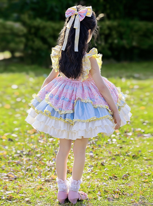 Yellow Pink Blue Simplicity Retro Style Spring Autumn Kids Cartoon Princess Fluffy Ruffles Bowknot Sweet Lolita  Sleeveless Dress