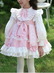 Pink Cute Princess Fluffy Bowknots Puff Sleeves White Ruffles Floral Lace Kids Sweet Lolita Long Sleeves Dress