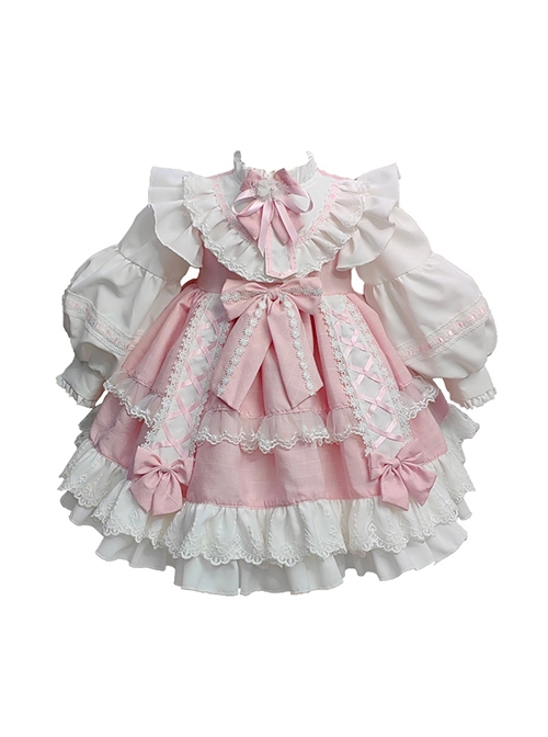 Pink Cute Princess Fluffy Bowknots Puff Sleeves White Ruffles Floral Lace Kids Sweet Lolita Long Sleeves Dress