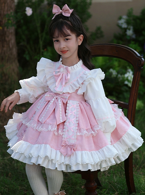 Pink Cute Princess Fluffy Bowknots Puff Sleeves White Ruffles Floral Lace Kids Sweet Lolita Long Sleeves Dress