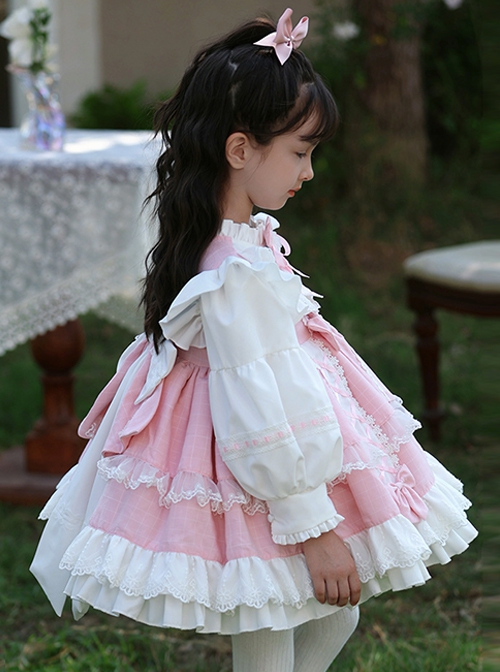 Pink Cute Princess Fluffy Bowknots Puff Sleeves White Ruffles Floral Lace Kids Sweet Lolita Long Sleeves Dress