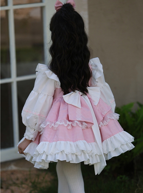 Pink Cute Princess Fluffy Bowknots Puff Sleeves White Ruffles Floral Lace Kids Sweet Lolita Long Sleeves Dress