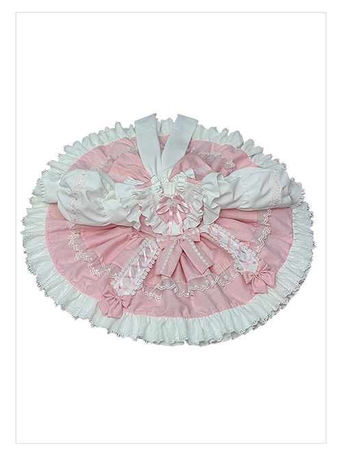 Pink Cute Princess Fluffy Bowknots Puff Sleeves White Ruffles Floral Lace Kids Sweet Lolita Long Sleeves Dress