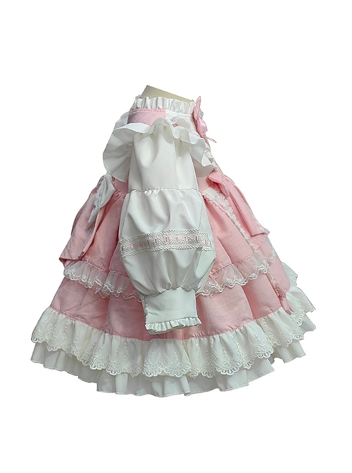 Pink Cute Princess Fluffy Bowknots Puff Sleeves White Ruffles Floral Lace Kids Sweet Lolita Long Sleeves Dress