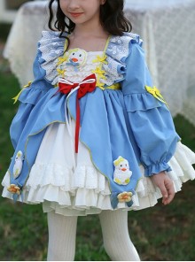 Autumn Winter Blue Cartoon Cute Three Dimensional Doll Flower Decoration Embroidered Duckling Sweet Lolita Kids Long Sleeves Dress