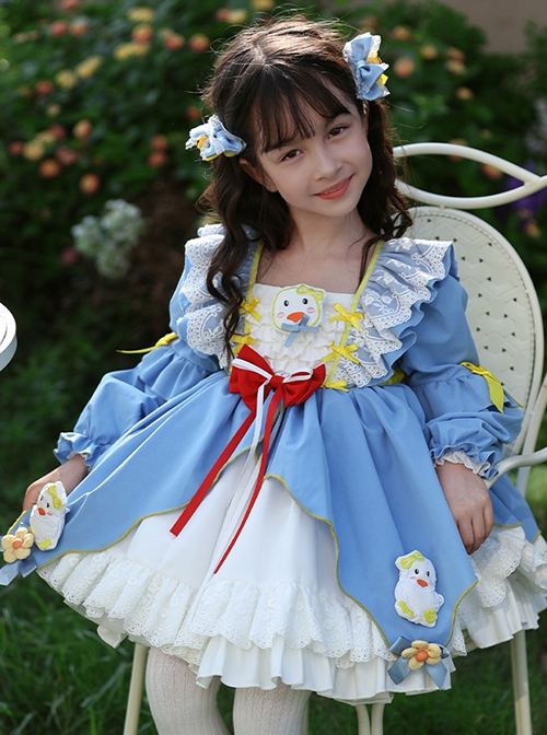 Autumn Winter Blue Cartoon Cute Three Dimensional Doll Flower Decoration Embroidered Duckling Sweet Lolita Kids Long Sleeves Dress