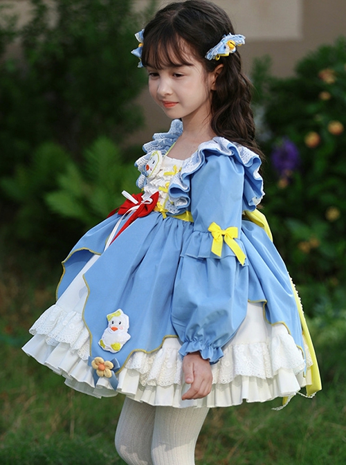 Autumn Winter Blue Cartoon Cute Three Dimensional Doll Flower Decoration Embroidered Duckling Sweet Lolita Kids Long Sleeves Dress