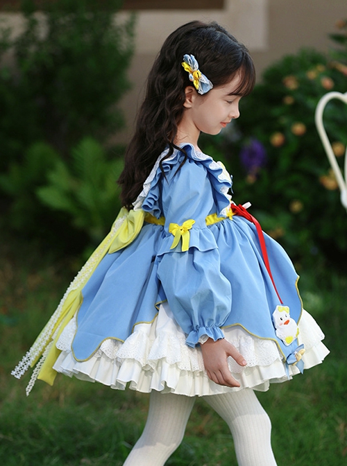 Autumn Winter Blue Cartoon Cute Three Dimensional Doll Flower Decoration Embroidered Duckling Sweet Lolita Kids Long Sleeves Dress