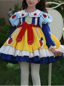 Autumn Winter Blue Yellow Snow White Princess Red Apple Print Bowknot Cosplay Sweet Lolita Kids Long Sleeves Dress