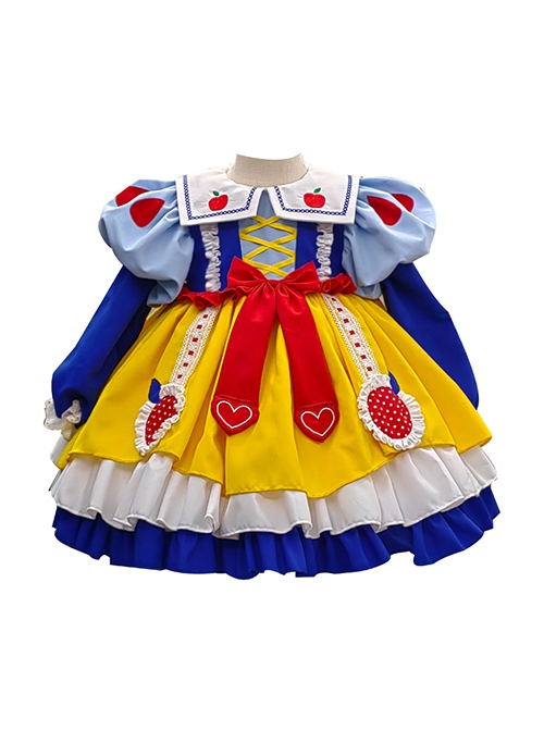 Autumn Winter Blue Yellow Snow White Princess Red Apple Print Bowknot Cosplay Sweet Lolita Kids Long Sleeves Dress