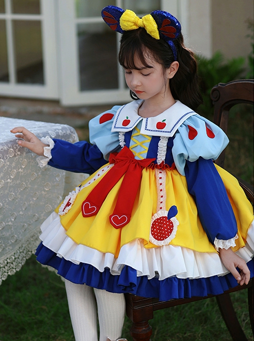 Autumn Winter Blue Yellow Snow White Princess Red Apple Print Bowknot Cosplay Sweet Lolita Kids Long Sleeves Dress