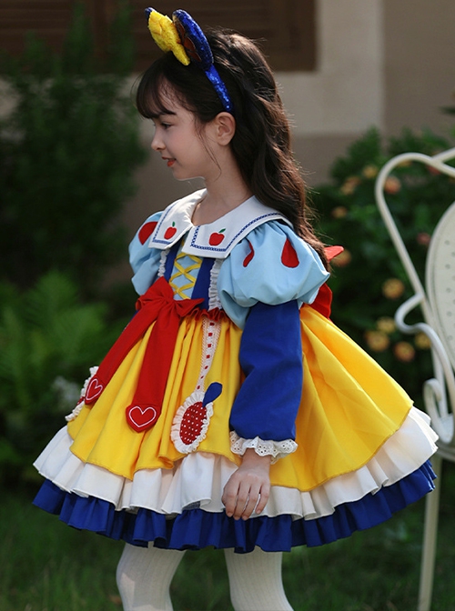 Autumn Winter Blue Yellow Snow White Princess Red Apple Print Bowknot Cosplay Sweet Lolita Kids Long Sleeves Dress