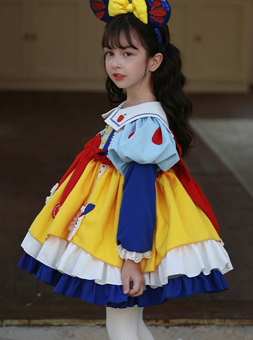 Autumn Winter Blue Yellow Snow White Princess Red Apple Print Bowknot Cosplay Sweet Lolita Kids Long Sleeves Dress