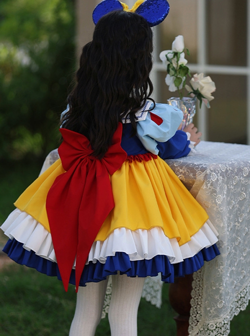 Autumn Winter Blue Yellow Snow White Princess Red Apple Print Bowknot Cosplay Sweet Lolita Kids Long Sleeves Dress