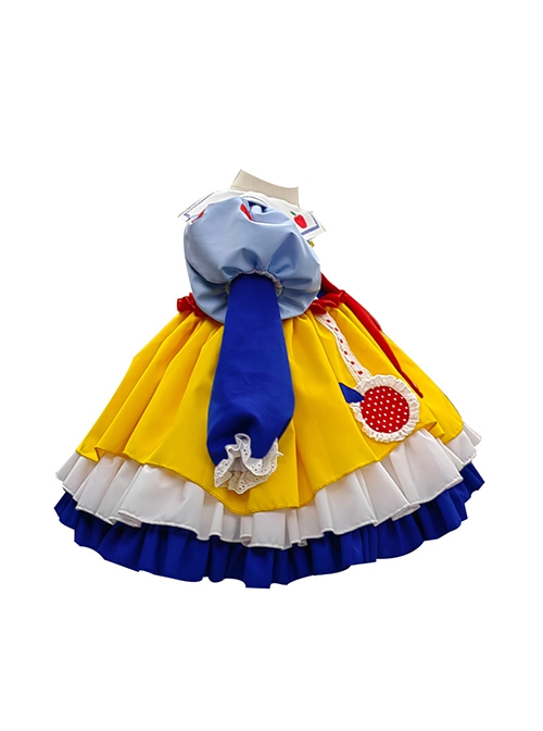 Autumn Winter Blue Yellow Snow White Princess Red Apple Print Bowknot Cosplay Sweet Lolita Kids Long Sleeves Dress