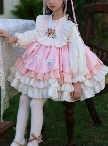 Autumn Winter Pink Floral Embroidery Heart Pattern Pink Plaid Bowknot Ruffle Sweet Lolita Kids Long Sleeves Dress