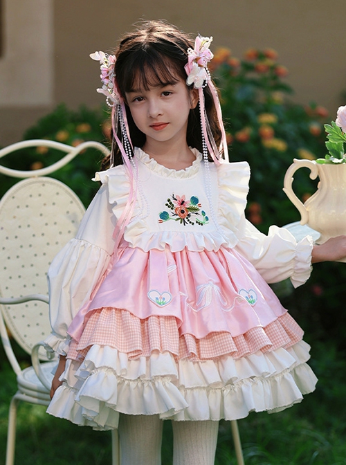 Autumn Winter Pink Floral Embroidery Heart Pattern Pink Plaid Bowknot Ruffle Sweet Lolita Kids Long Sleeves Dress