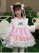 Autumn Winter Pink Floral Embroidery Heart Pattern Pink Plaid Bowknot Ruffle Sweet Lolita Kids Long Sleeves Dress