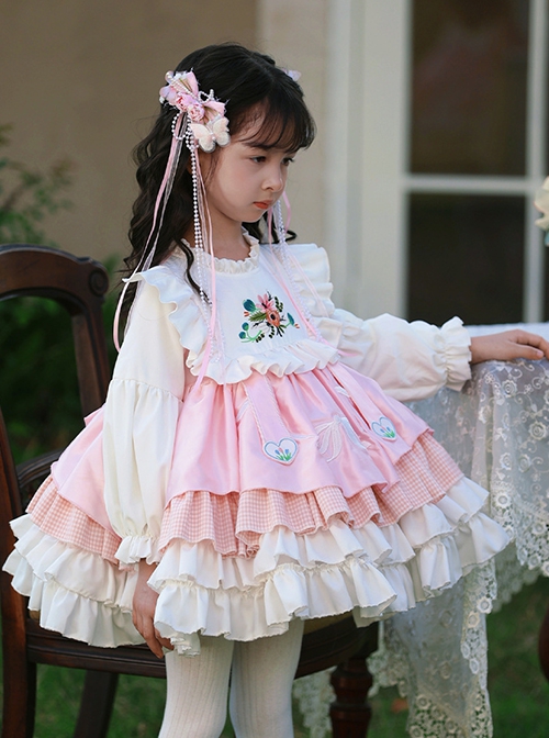 Autumn Winter Pink Floral Embroidery Heart Pattern Pink Plaid Bowknot Ruffle Sweet Lolita Kids Long Sleeves Dress