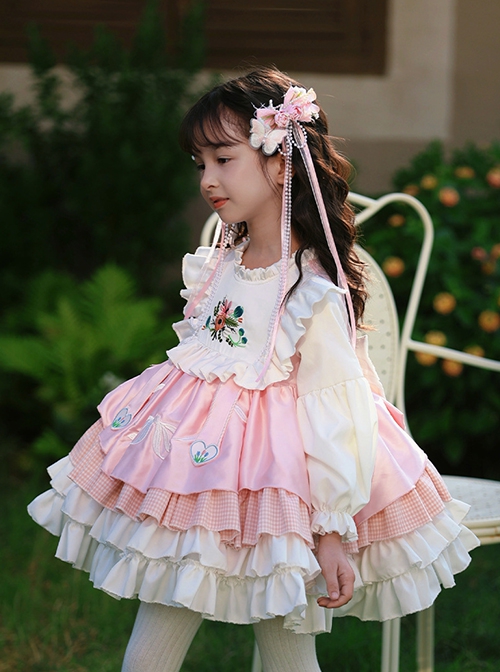 Autumn Winter Pink Floral Embroidery Heart Pattern Pink Plaid Bowknot Ruffle Sweet Lolita Kids Long Sleeves Dress