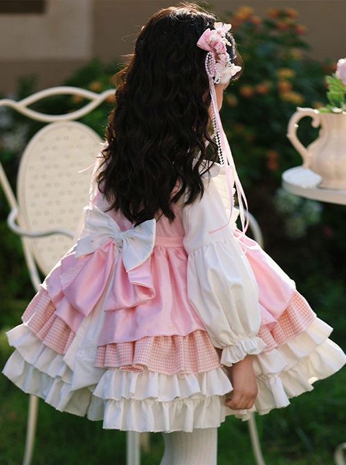 Autumn Winter Pink Floral Embroidery Heart Pattern Pink Plaid Bowknot Ruffle Sweet Lolita Kids Long Sleeves Dress