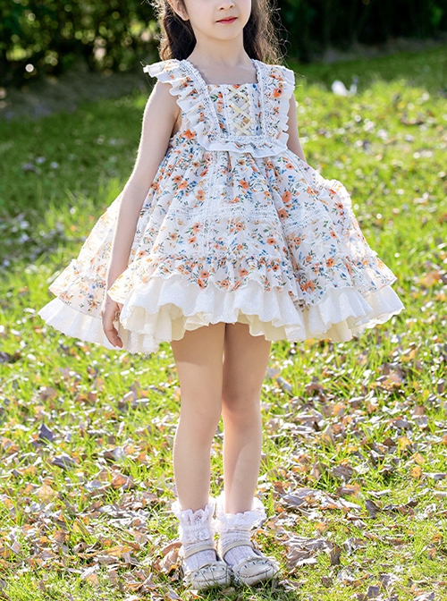 Autumn Winter Small Floral Ribbon Band Fluffy Ruffle Lace Sweet Lolita Kids Sleeveless Dress