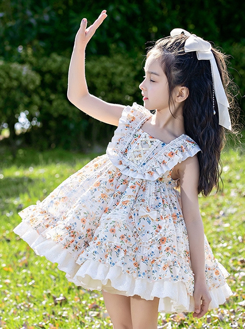 Autumn Winter Small Floral Ribbon Band Fluffy Ruffle Lace Sweet Lolita Kids Sleeveless Dress