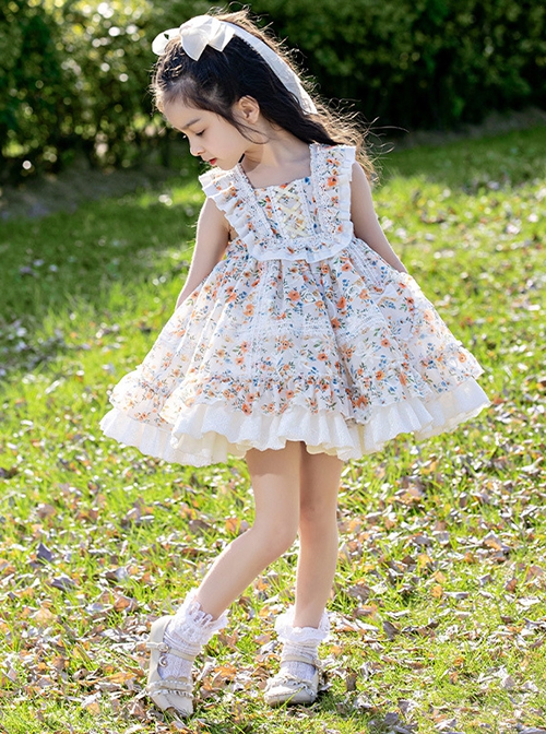 Autumn Winter Small Floral Ribbon Band Fluffy Ruffle Lace Sweet Lolita Kids Sleeveless Dress