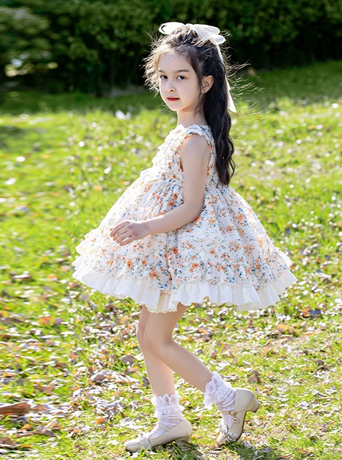 Autumn Winter Small Floral Ribbon Band Fluffy Ruffle Lace Sweet Lolita Kids Sleeveless Dress