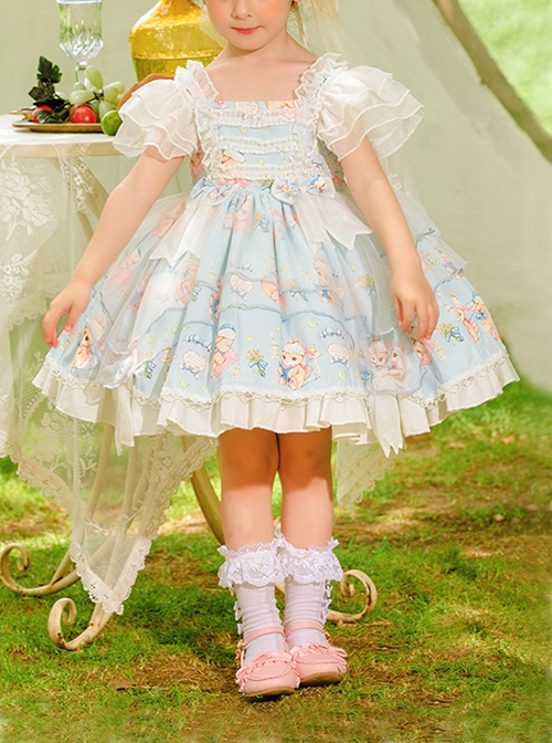 Summer Light Blue Princess Chiffon Lace Puff Sleeves Bowknot Bunny Print Sweet Lolita Kids Sleeveless Dress