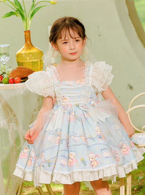 Summer Light Blue Princess Chiffon Lace Puff Sleeves Bowknot Bunny Print Sweet Lolita Kids Sleeveless Dress